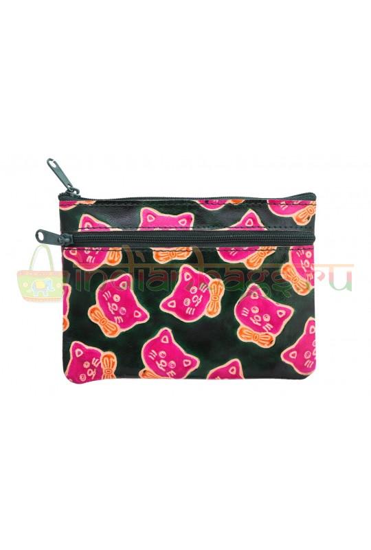 Косметичка кожаная «Котик с бантиком» (зеленая)