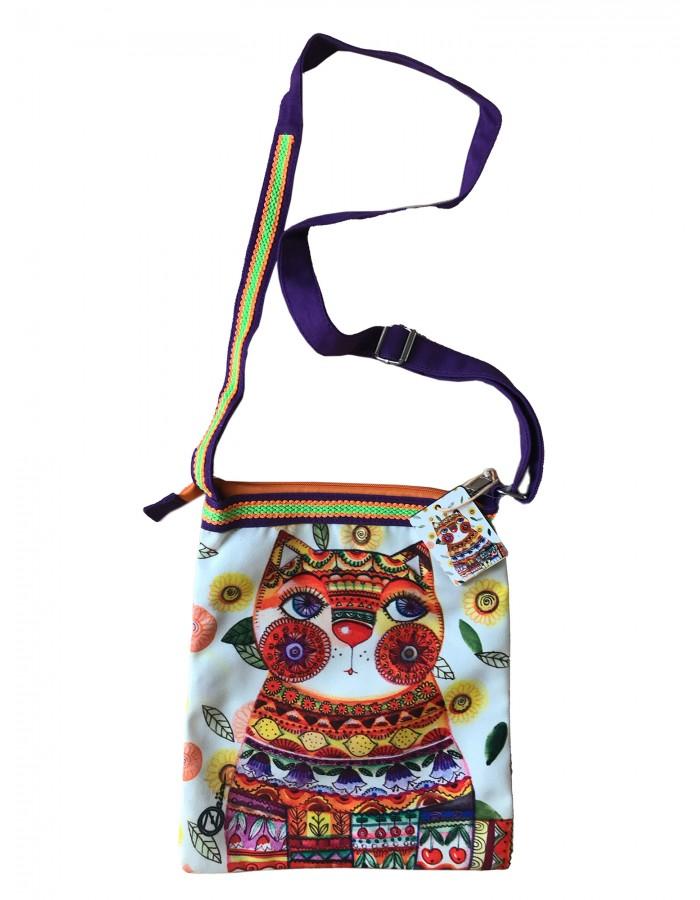 Индийская хлопковая наплечная сумочка с кошачьим принтом Оксаны Заика