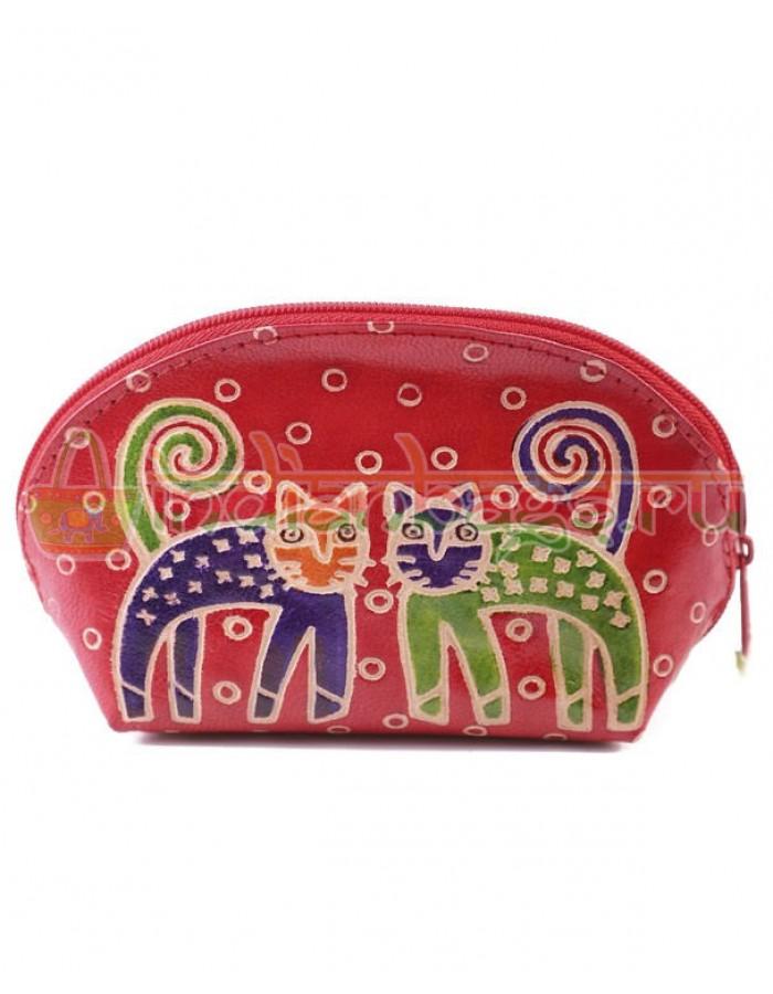 Купить женскую индийскую косметичку «2 кота» (красный) из натуральной кожи в интернет-магазине индийских сумок «IndianBags.ru»