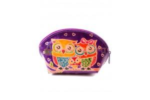 Купить женскую индийскую косметичку «2 совы» (фиолетовый) из натуральной кожи в интернет-магазине индийских сумок «IndianBags.ru»