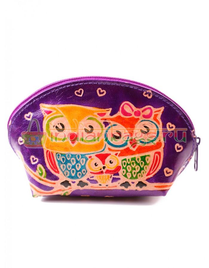 Купить женскую индийскую косметичку «2 совы» (фиолетовый) из натуральной кожи в интернет-магазине индийских сумок «IndianBags.ru»