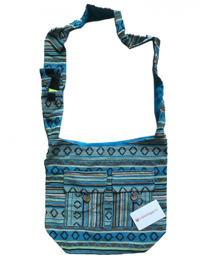 Индийская голубая этно сумка на лямке с 2 карманами