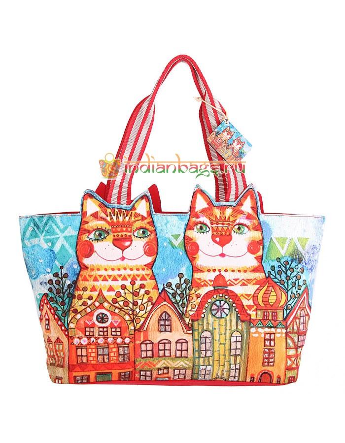 Купить пляжную индийскую сумку АВ4541 с принтом на кошачью тему в интернет-магазине «IndianBags.ru»