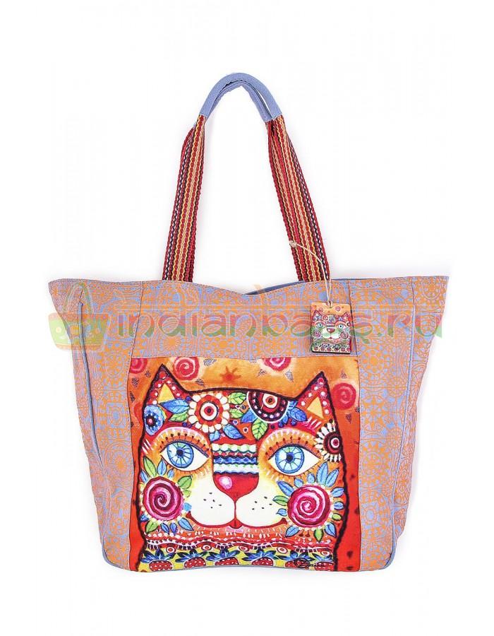 Купить индийскую пляжную хлопковую сумку с котом #АВ1617т в интернет-магазине индийских сумок «IndianBags.ru»